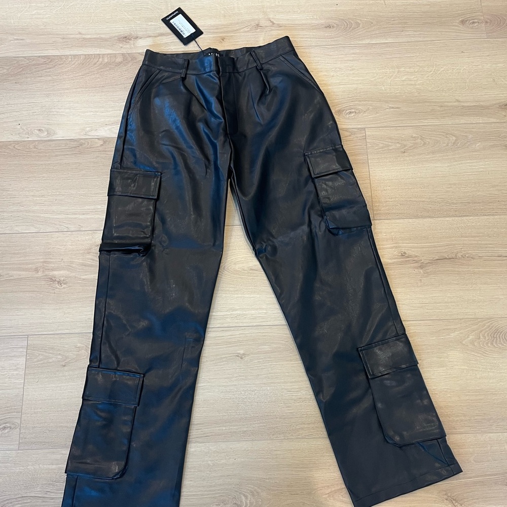 Black PU Utility Cargo Pants
